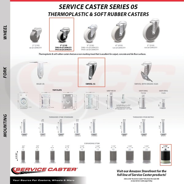 2 Inch Thermoplastic Wheel 1-7/8 Inch Expanding Stem Caster Set with 2 Brakes